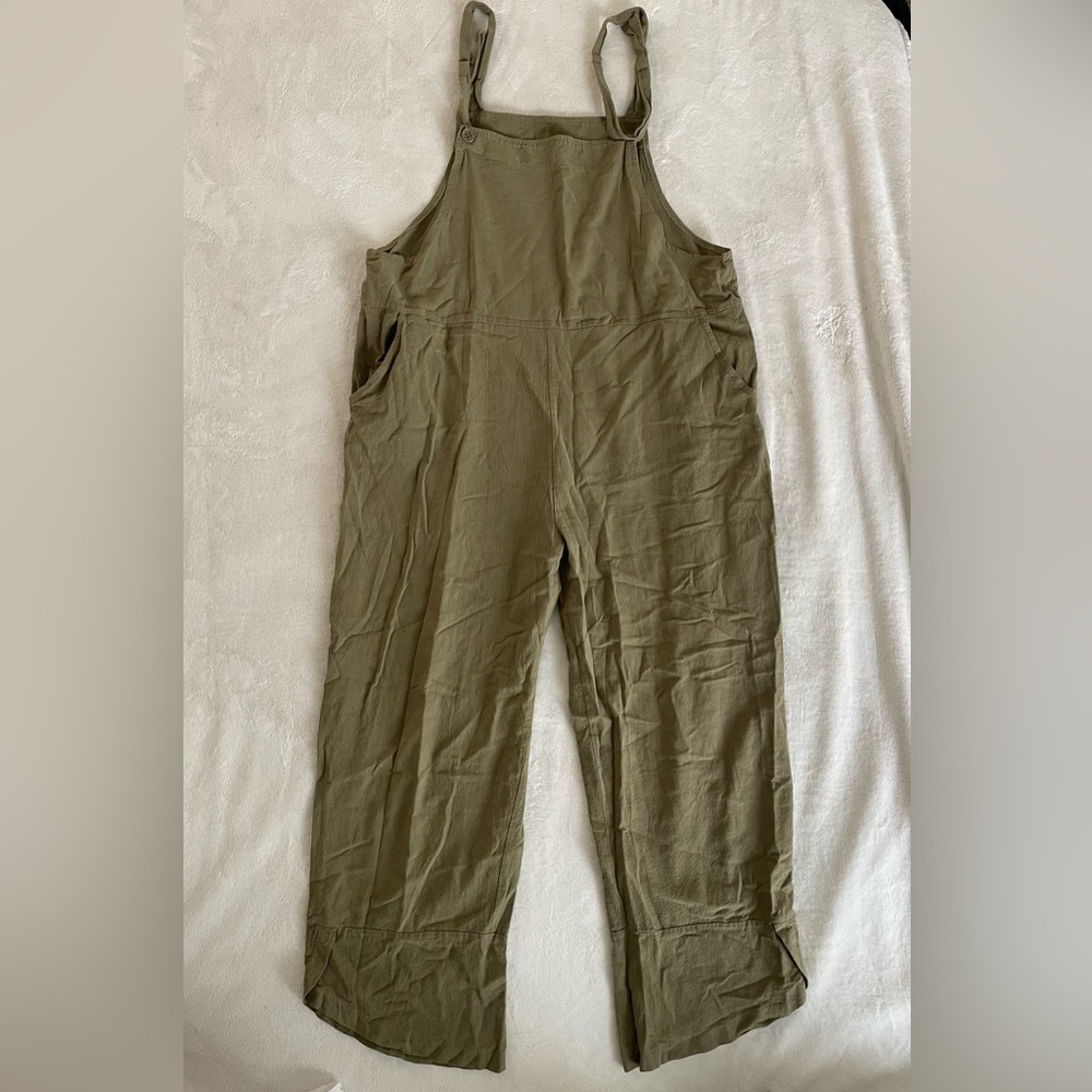 Green linen overalls